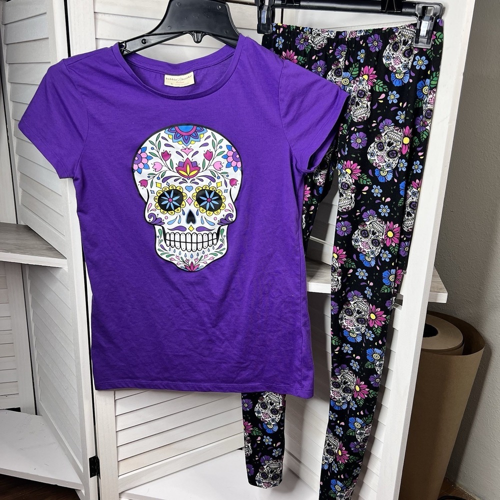 Bobbie‎ Brooks Sugar Skull Day of the Dead Women's T-shirt & Leggings Size Small